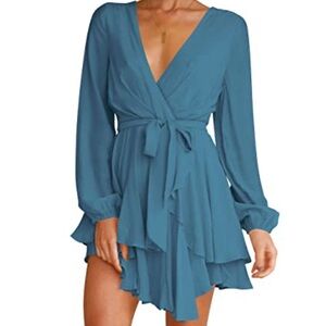 Blue Cross Front Long Sleeve Dress